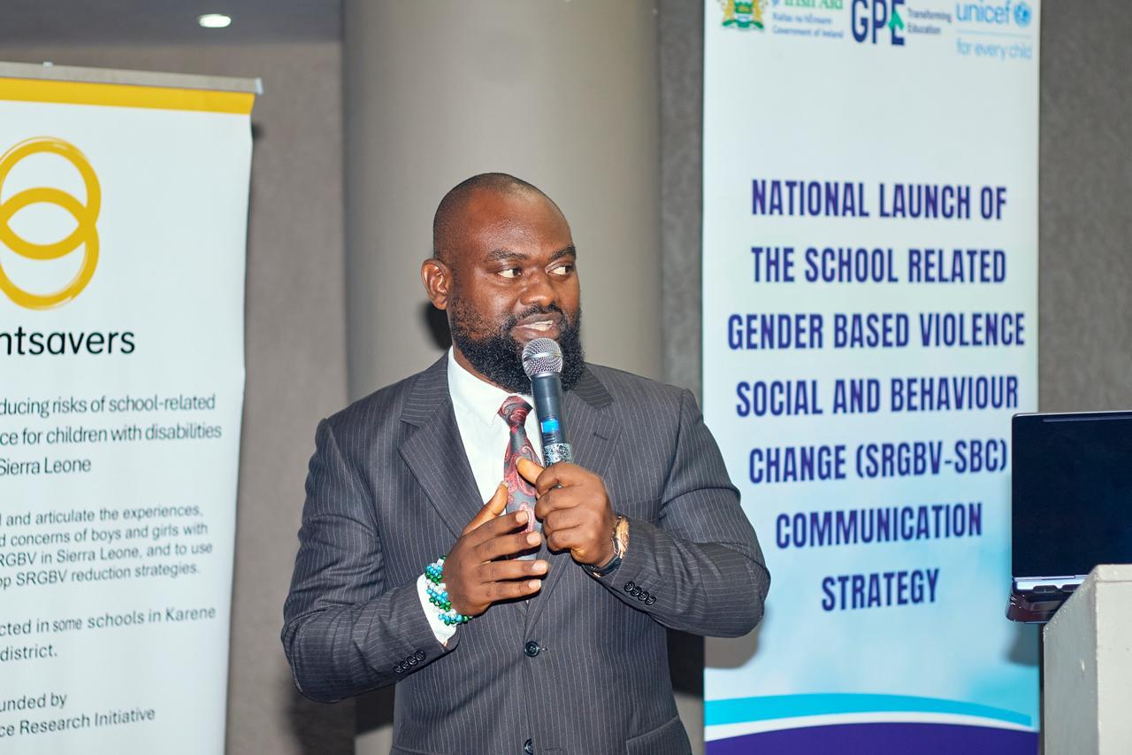 James A. Kabia presenting at the National Launch of the SRGBV-SBC Communication Strategy, Sierra Leone